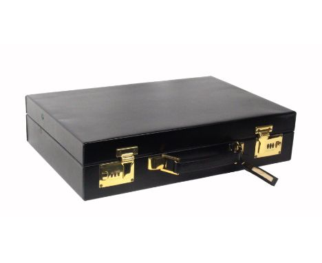 Asprey - London, a black leather attache case, unused, rectangular, brass Sesamee combination locks set at open (L - 650/R - 
