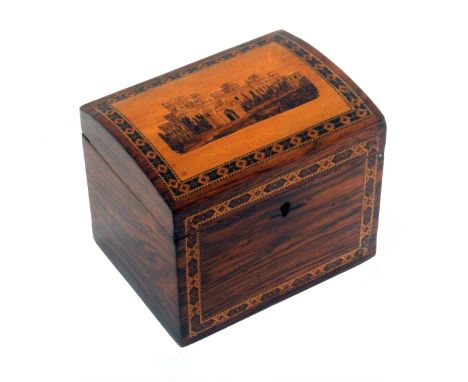 A Tunbridge ware rosewood tea caddy, the front with a narrow band of geometric mosaic, the curved lid with an inset mosaic pa