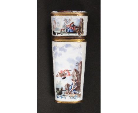 A fine late 18th Century continental enamel etui, with a full complement of fittings, of oval section and tapering form decor