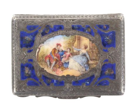 A late 19th Century continental silver and enamel rectangular box, the lid in blue enamel with gold sprays amid engraved silv