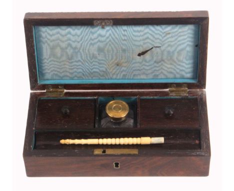 A William IV rosewood desk box, of rectangular form, the lid with quarter bobbin mouldings, the lid interior in blue silk ove