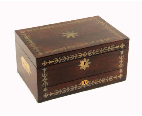 A mid 19th Century rosewood sewing box, of rectangular form, the lid and front with cut brass borders, escutcheon and lid car