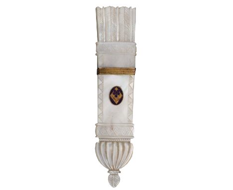 A Palais Royal mother of pearl quiver form needle case, carved and engraved, one side with inset oval gilt and enamel pansy m