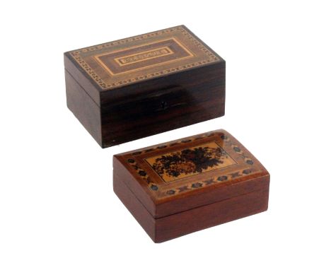 Two Tunbridge ware card boxes, comprising a rectangular rosewood example, the lid titled in mosaic 'Besique', within multiple