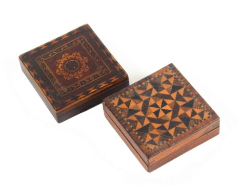 Two Tunbridge ware Tangram puzzle boxes, one in rosewood with stick ware geometric lid, complete with puzzle, 5cms sq., the o