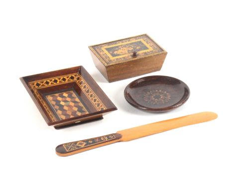 Tunbridge ware - four pieces, comprising a small rectangular tray with base panel of cube work within a geometric mosaic bord