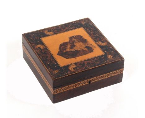 A rosewood Tunbridge ware box of square form, the lid centred by an inset mosaic panel of a dog at rest within a floral mosai