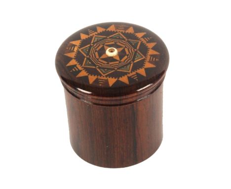 A rosewood Tunbridge ware cylinder string box attributed to Thomas Barton, the domed screw cover in geometric stick ware with