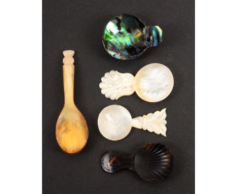 Five caddy spoons, comprising two mother of pearl examples with carved handles, largest 7.5cms, another in pressed tortoisesh