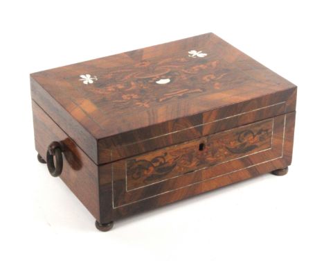 A William IV rosewood and inlaid sewing box, of rectangular form the front and lid inlaid with marquetry panels of vases of f