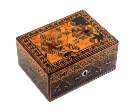 An unusual Tunbridge ware rectangular box, the sides completely in mosaic with two broad bands of geometric and patterned mos