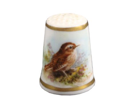 A Royal Worcester puce mark thimble, painted with a thrush on ground vegetation between gilt lines signed 'W. Powell'.&nbsp; 