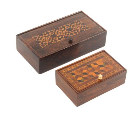 Two Tunbridge ware rosewood rectangular pin hinge boxes, comprising an example with stick ware lid panel, compartmentalised i