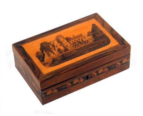 A Tunbridge ware rectangular box, the lid with inset mosaic panel of Tunbridge Castle within a plain rosewood border, the sid