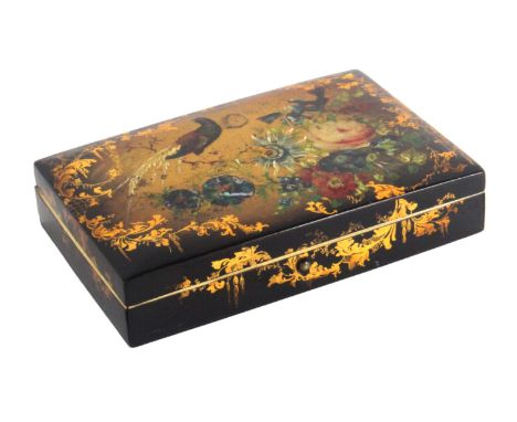 A good papier mache small format sewing box, well fitted, the rectangular box decorated to the sides with gilt leaf scrolls, 