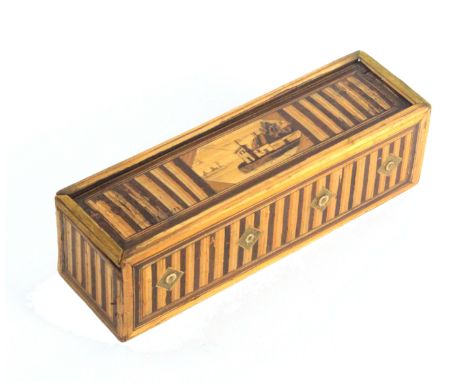 An early 19th Century split and coloured straw work reel box, probably French prisoner of war work, of rectangular form in st