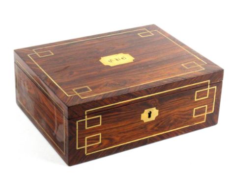 A finely fitted kingwood and brass inlaid small format sewing box, circa 1835, of rectangular form, three sides and the lid i