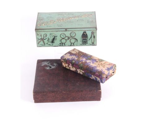 Three 20th Century sewing boxes and containers, comprising a printed rectangular tin 'CCB Treasure Box', the sides with human