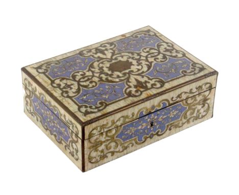 A French Boulle style rectangular sewing box, circa 1880, the sides and top decorated in cut and engraved brass within mother