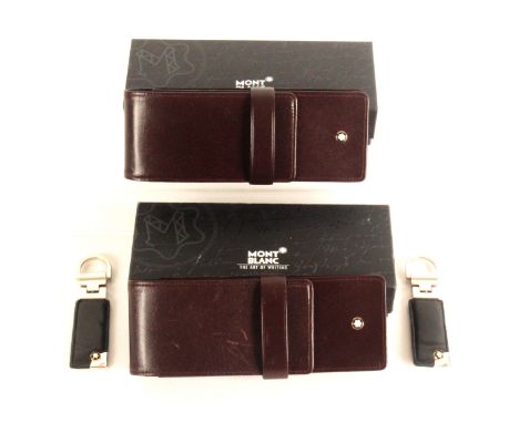 Two Montblanc pen cases and two key fobs, the Sienna leather three division pen cases both in original black card boxes, one 