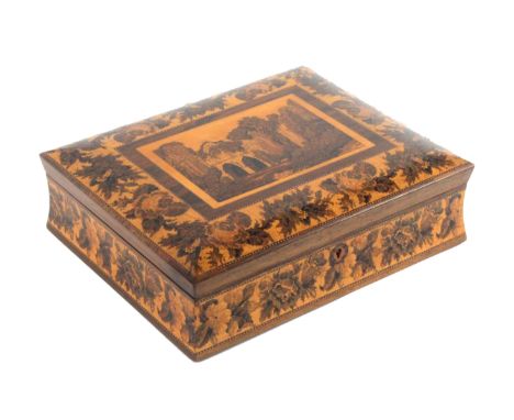 A good rosewood Tunbridge ware rectangular games box, the concave sides with a broad band of floral mosaic with stick ware ci