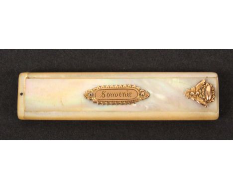 A Palais Royal style mother of pearl needle or tooth pick case, the sliding lid with gold panel inscribed 'Souvenir' and gold