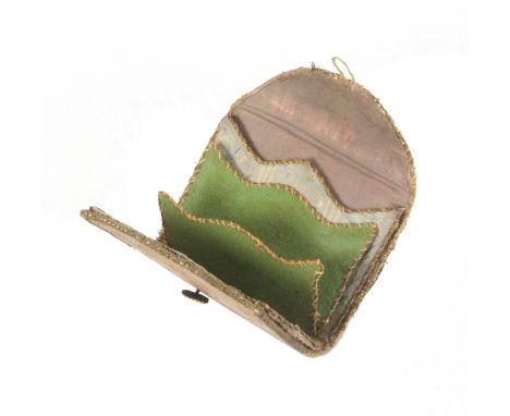 An 18th Century ivory silk sewing wallet, with anthemion and floral printed or painted decoration, gilt button, edged in gold