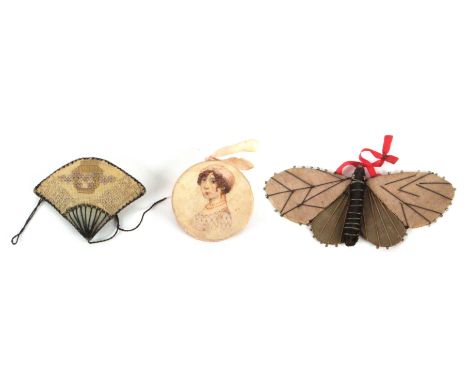 Three pin cushions and cards, comprising a silk disc form example one side painted with head and shoulder portrait of a lady,