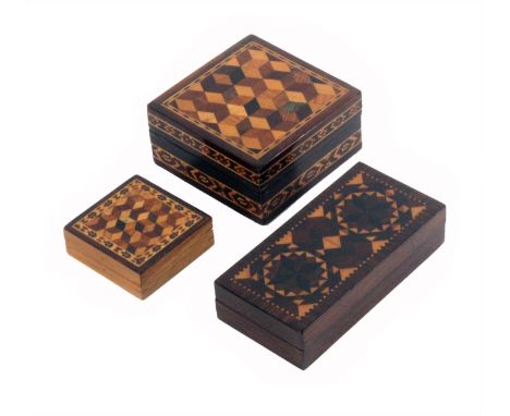 Three Tunbridge ware boxes, comprising a rosewood rectangular example, the lid in geometric stick ware, silk lined interior, 