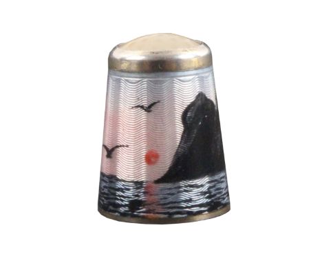 A Norwegian silver and enamel thimble, depicting North Cape with birds in flight over waves below a moonstone top, internal a