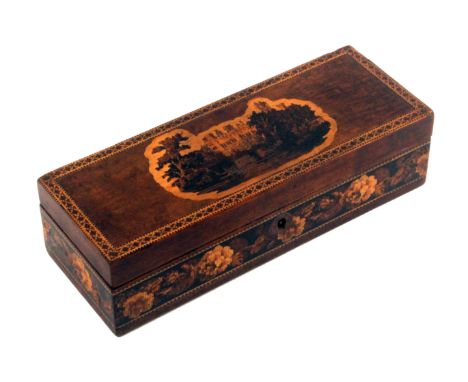 A Tunbridge ware burr wood rectangular box, the lid with inset mosaic panel of Warwick Castle within an outer geometric borde
