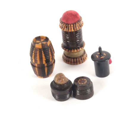 Tunbridge ware - sewing - four pieces, comprising a combination waxer/tape measure/pin cushion of cylinder standing form, tap