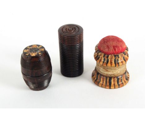 Tunbridge ware - sewing - three pieces, comprising a combination stick ware waxer/pin cushion, 3.2cms, a rosewood barrel form