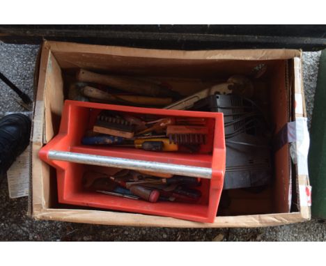 BOX OF HAND TOOLS INCLUDING HAMMERS ETC WITH BATTERY CHARGER