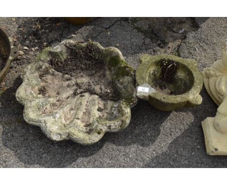COMPOSITE BIRD BATH WITH ONE OTHER COMPOSITE PLANTER