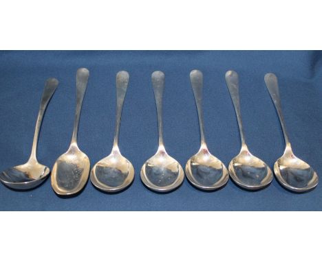 Silver rat tail cutlery:- 5 soup spoons, 1 ladle, 1 serving spoon, Elkington &amp; Co, Birmingham 1918, 18.08ozt