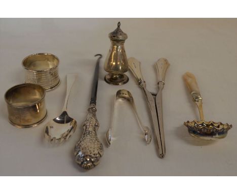 2 silver napkin rings, silver spoon, fork, glove stretchers with silver handles etc