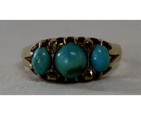 18ct gold 3 stone turquoise &amp; diamond chip ring size Q / R 3.84g&nbsp;