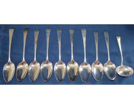 Harlequin set of 9 Georgian silver tablespoons &amp; small ladle, most London 1801-1812, 18.65ozt