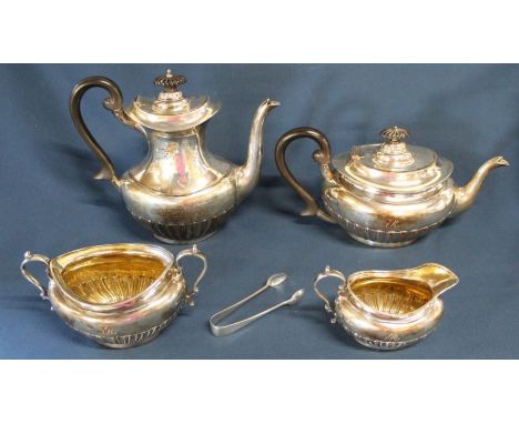 Edwardian 4 piece silver tea service maker Martin, Hall &amp; Co, Sheffield 1902 /1903 and pair of silver sugar bows Sheffiel