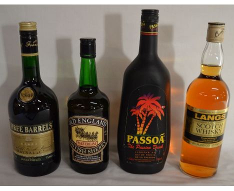 Bottle of Lang 70% proof whisky, bottle of Three Barrels brandy, bottle of Old England sherry &amp; a bottle of Passoa