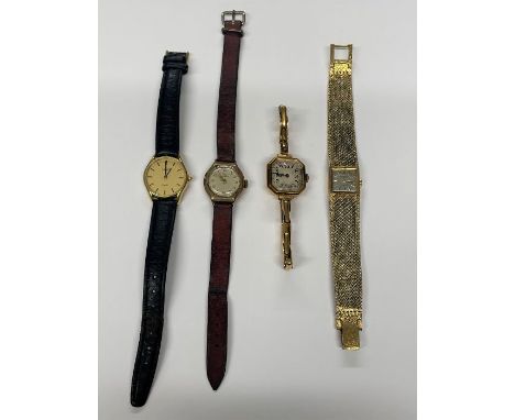 4 wristwatches, including 18ct gold lady's watch with 18ct gold expanding strap (20g total weight) 9ct gold case Record (8.3g