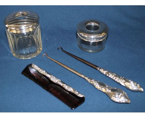 2 glass dressing table pots with silver lids Birmingham 1915 / 1919 (one pot later) &amp; 2 silver mounted button hooks and s