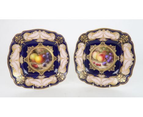 TWO ROYAL WORCESTER SQUARE SHAPED CABINET PLATES DECORATED BY RICHARD SEBRIGHT  one painted with apples, grapes and strawberr