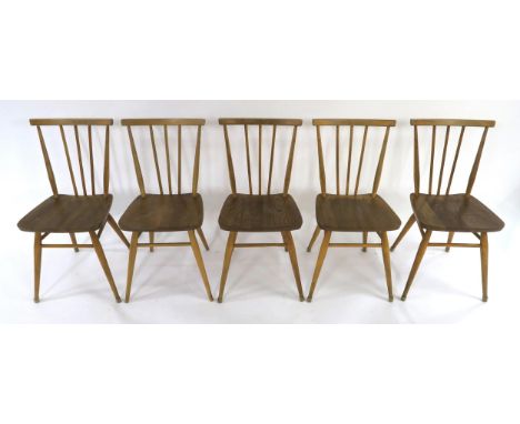 A SET OF FIVE MID 20TH CENTURY ELM &amp; BEECH ERCOL 391 ALL-PURPOSE WINDSOR CHAIRS  circa 1965 79cm high x 40cm wide x 45cm 
