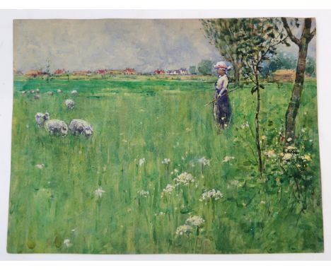 WILLIAM MELDRUM (SCOTTISH 1865-1942)  FARM GIRL AND SHEEP IN A MEADOW (BOSHAM, SUSSEX 1903)  Gouache and watercolour, 22 x 29