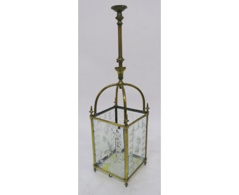 AN EDWARDIAN BRASS AND CUT GLASS HALL LANTERN  set with four foliate cut panels and base, 90cm high, 24cm wide and 24cm deep 