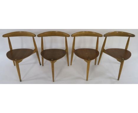 A SET OF FOUR MID 20TH CENTURY TEAK HANS JORGENSEN WEGNER FOR FRITZ HANSEN HEART SHAPE CHAIRS model FH4103, 72cm high x 55cm 