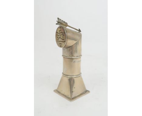 A NOVELTY SILVER PEPPERETTE  by Harwood, Plante &amp; Harrison, Birmingham 1833 modelled as a ship's binnacle with applied ar