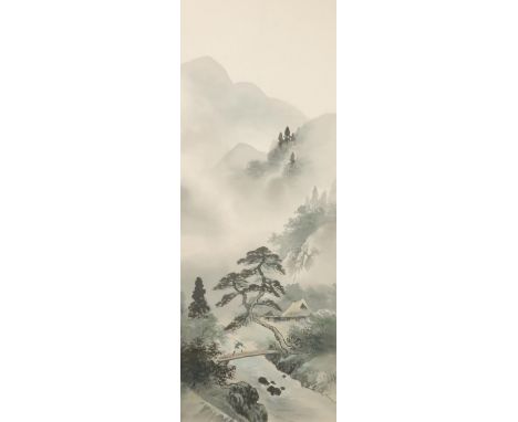 TWO CHINESE SCROLL PAINTINGS  one with a figure crossing a river bridge, 107cm x 41cm, another with irises, 95cm x 33cm and a